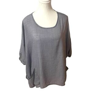 Cherish Loose Fit Blouse Top Womens Short Sleeve Blue Chambray Lightweight Flowy